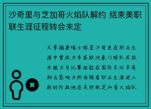 沙奇里与芝加哥火焰队解约 结束美职联生涯征程转会未定 沙奇里与芝加哥火焰队解约 结束美职联生涯征程转会未定